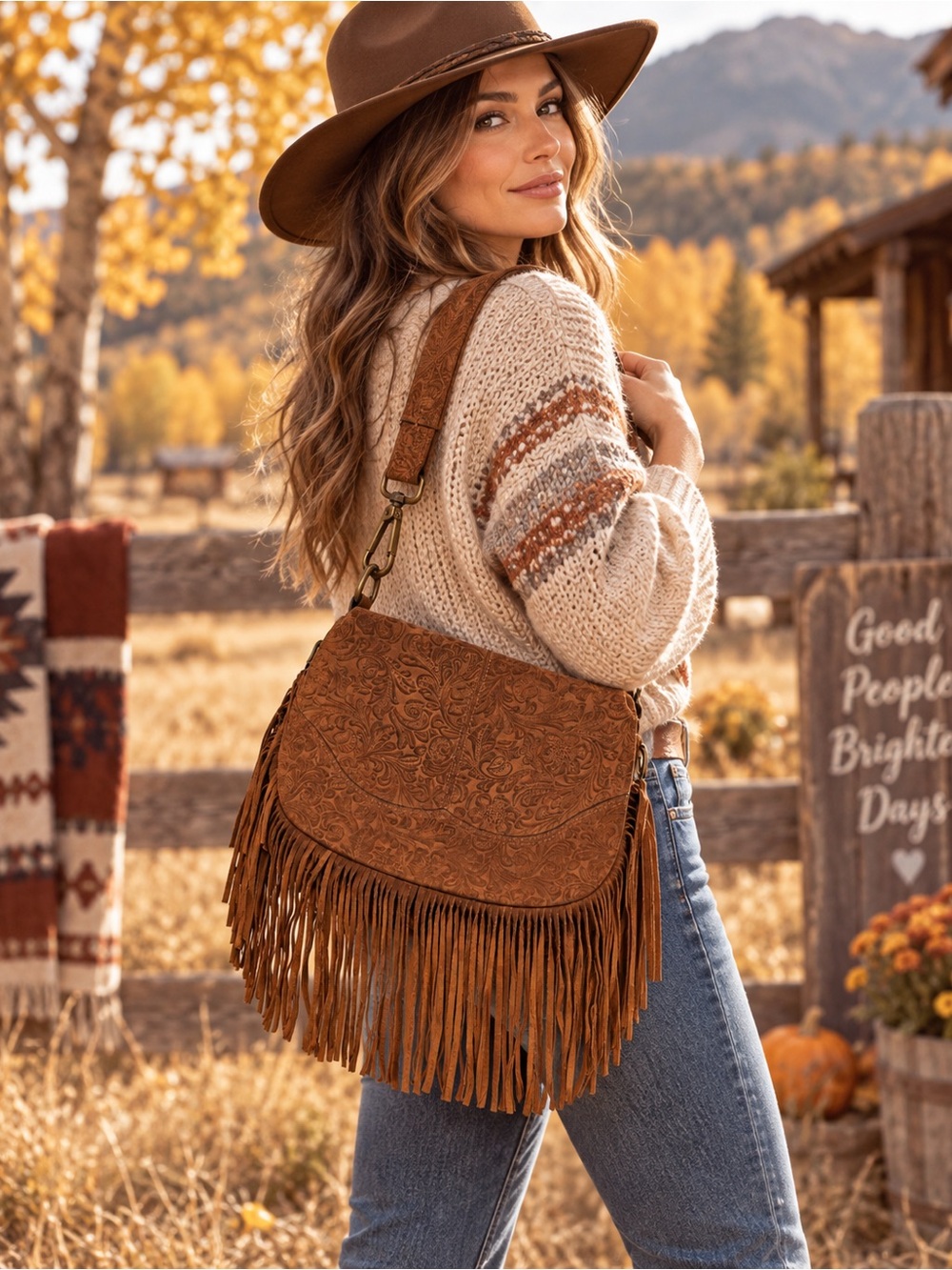 Sundance Brown Tooled Suede Fringe Shoulder Bag Western Boho Crossbody